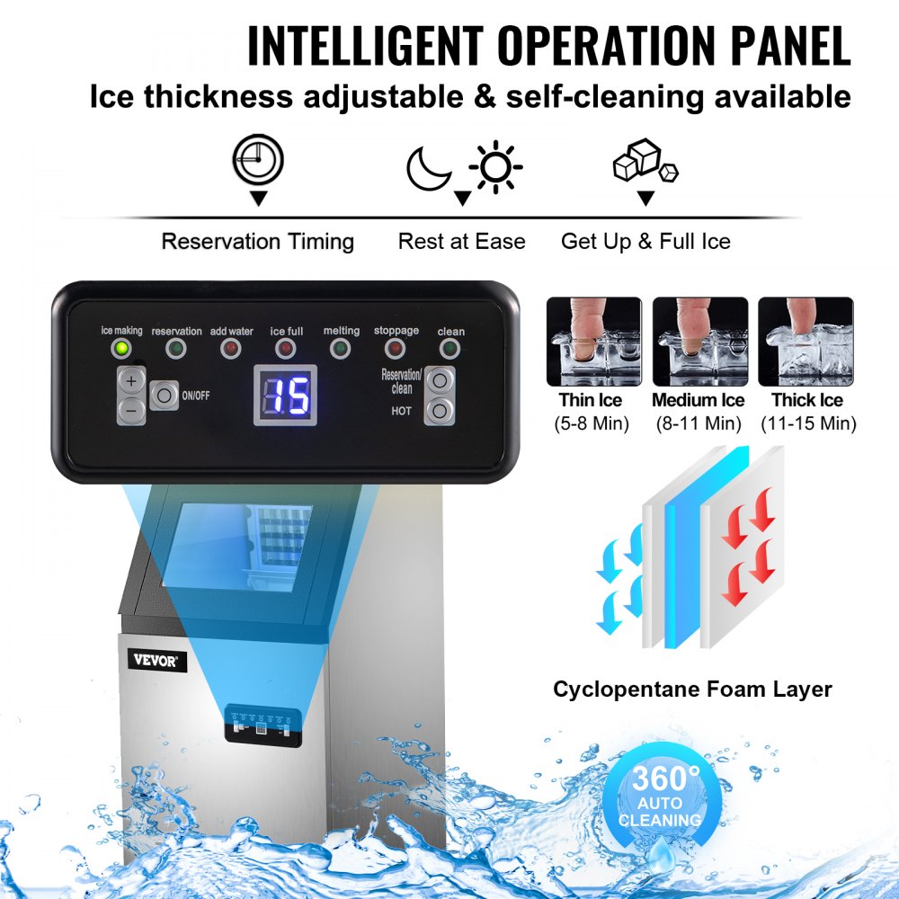 VEVOR Commercial Ice Maker, 150 LBS/24H, Stainless Steel Ice Cube Maker Machine w/ 22 LBS Storage, 410W Ice Making Machine w/ LED Control Panel Water Filter Pipes Ice Scoop for Bars Restaurants, 220V