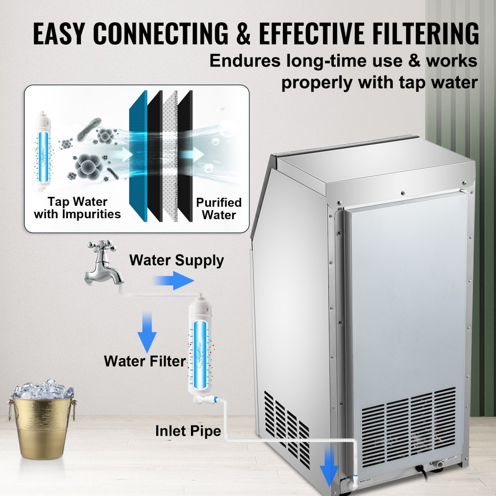 VEVOR Commercial Ice Maker, 150 LBS/24H, Stainless Steel Ice Cube Maker Machine w/ 22 LBS Storage, 410W Ice Making Machine w/ LED Control Panel Water Filter Pipes Ice Scoop for Bars Restaurants, 220V