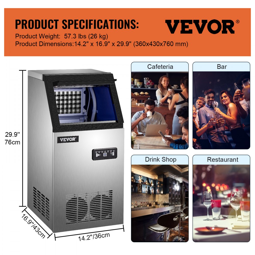 VEVOR Commercial Ice Maker, 150 LBS/24H, Stainless Steel Ice Cube Maker Machine w/ 22 LBS Storage, 410W Ice Making Machine w/ LED Control Panel Water Filter Pipes Ice Scoop for Bars Restaurants, 220V