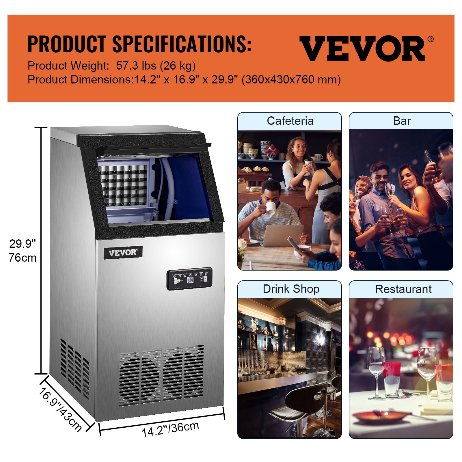 VEVOR Commercial Ice Maker, 150 LBS/24H, Stainless Steel Ice Cube Maker Machine w/ 22 LBS Storage, 410W Ice Making Machine w/ LED Control Panel Water Filter Pipes Ice Scoop for Bars Restaurants, 220V