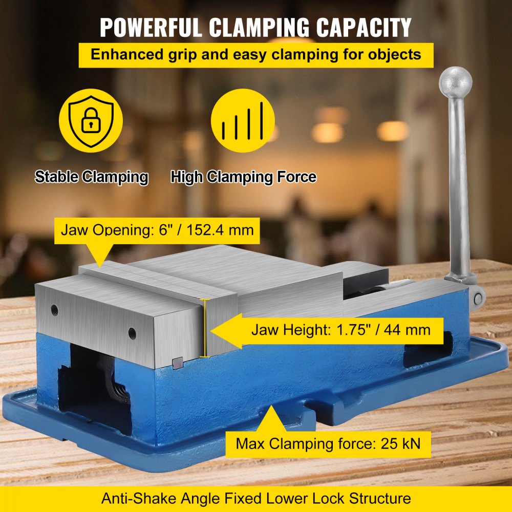 VEVOR milling vise with powerful clamping capacity, 6&quot; jaw opening, and 25 kn max force.