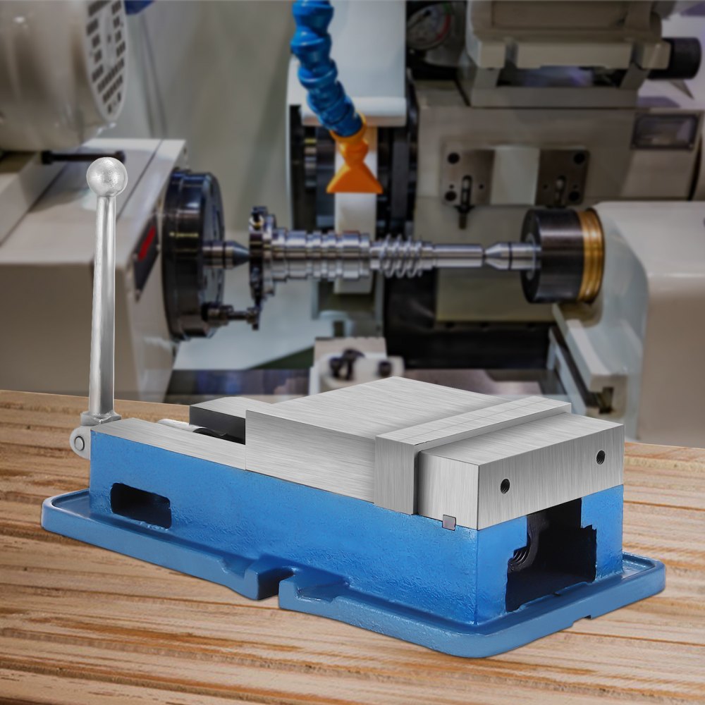 VEVOR milling vise on a wooden bench in a workshop with machinery in the background.