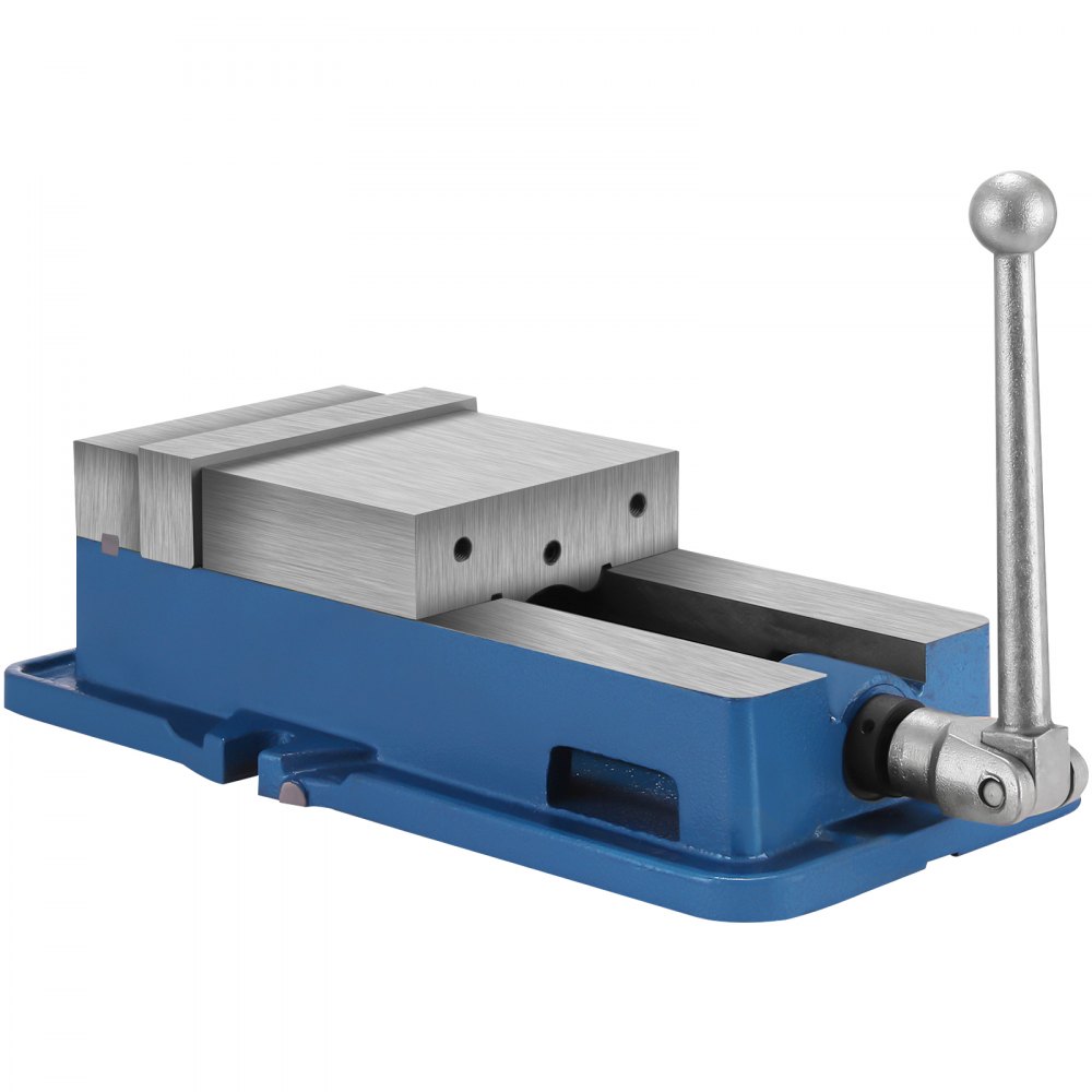 VEVOR milling vise in blue with metal jaws and a handle on the right side.