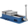 VEVOR milling vise in blue with metal jaws and a handle on the right side.