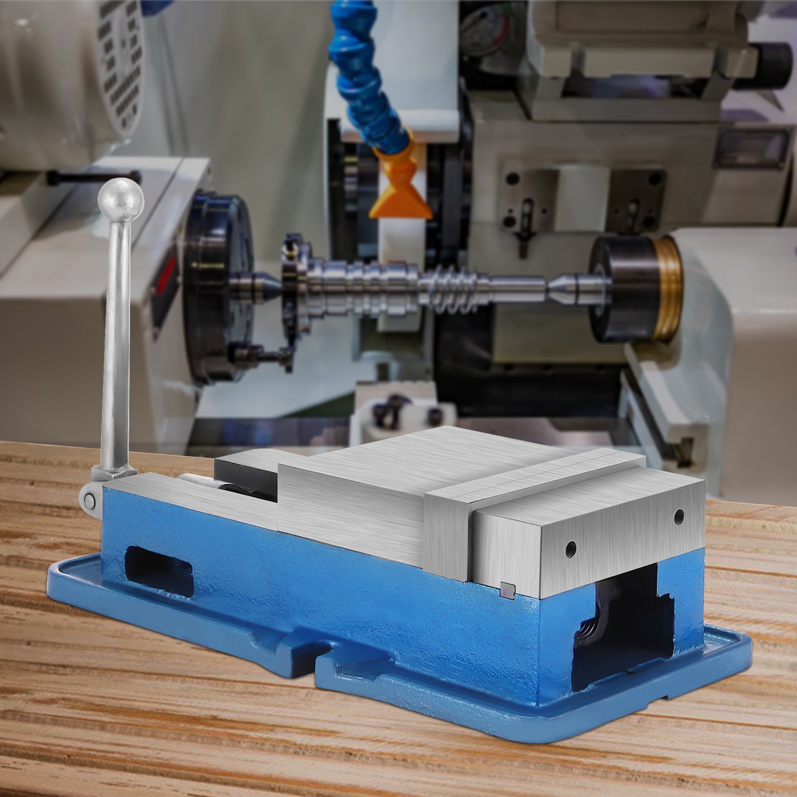 VEVOR milling vise on a wooden bench in a workshop with machinery in the background.