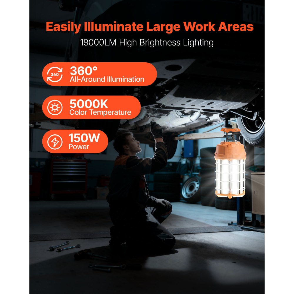VEVOR LED Temporary Work Light, 150W, 19000 lm, 5000K Durable & Water-Resistant, Linkable up to 6 Units, Ceiling or Stand Job Site Illumination for Construction Sites, Workshops, Indoor & Outdoor Use