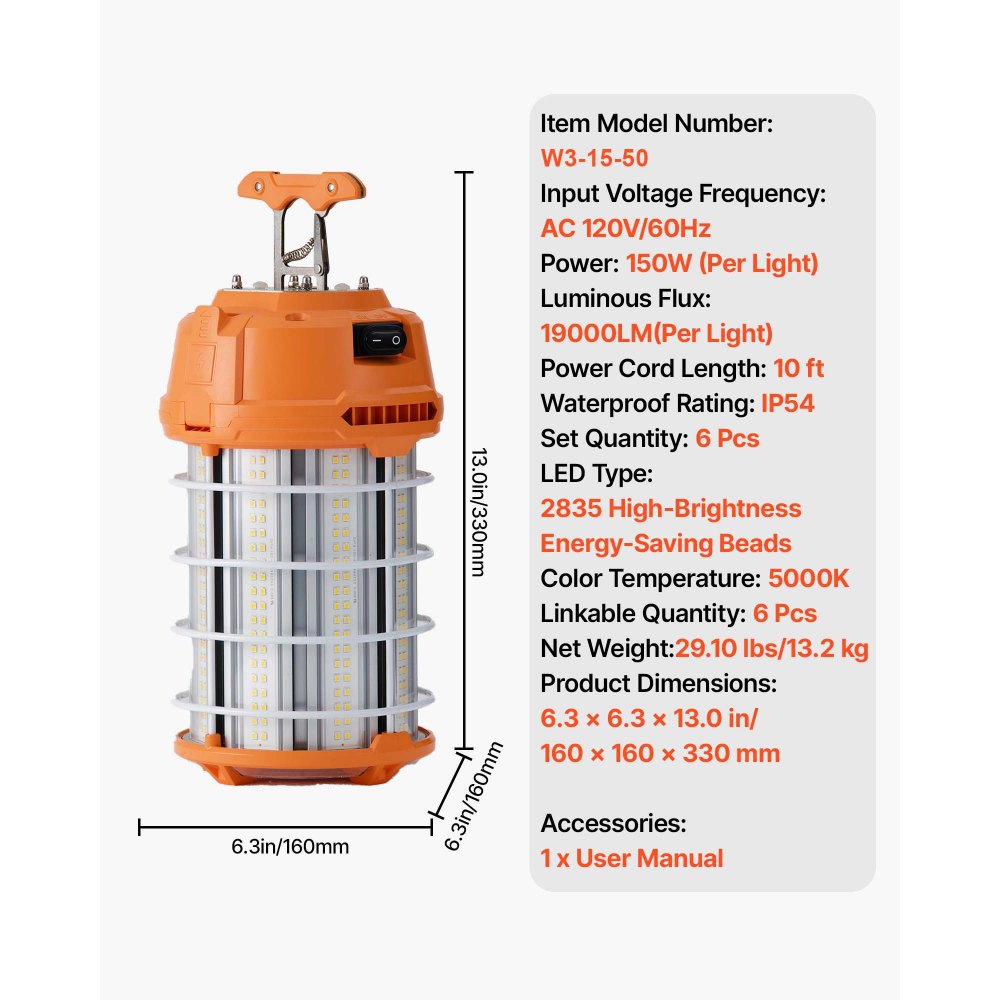 VEVOR LED Temporary Work Light, 150W, 19000 lm, 5000K Durable & Water-Resistant, Linkable up to 6 Units, Ceiling or Stand Job Site Illumination for Construction Sites, Workshops, Indoor & Outdoor Use