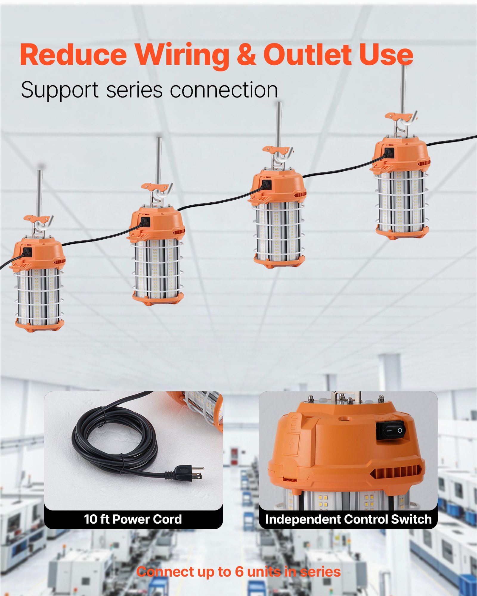 VEVOR LED Temporary Work Light, 150W, 19000 lm, 5000K Durable & Water-Resistant, Linkable up to 6 Units, Ceiling or Stand Job Site Illumination for Construction Sites, Workshops, Indoor & Outdoor Use