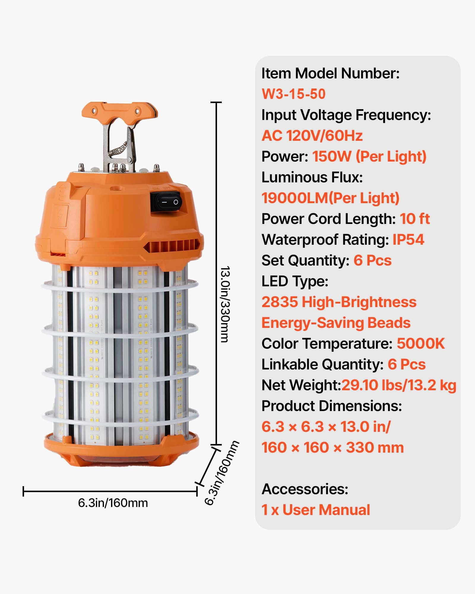 VEVOR LED Temporary Work Light, 150W, 19000 lm, 5000K Durable & Water-Resistant, Linkable up to 6 Units, Ceiling or Stand Job Site Illumination for Construction Sites, Workshops, Indoor & Outdoor Use