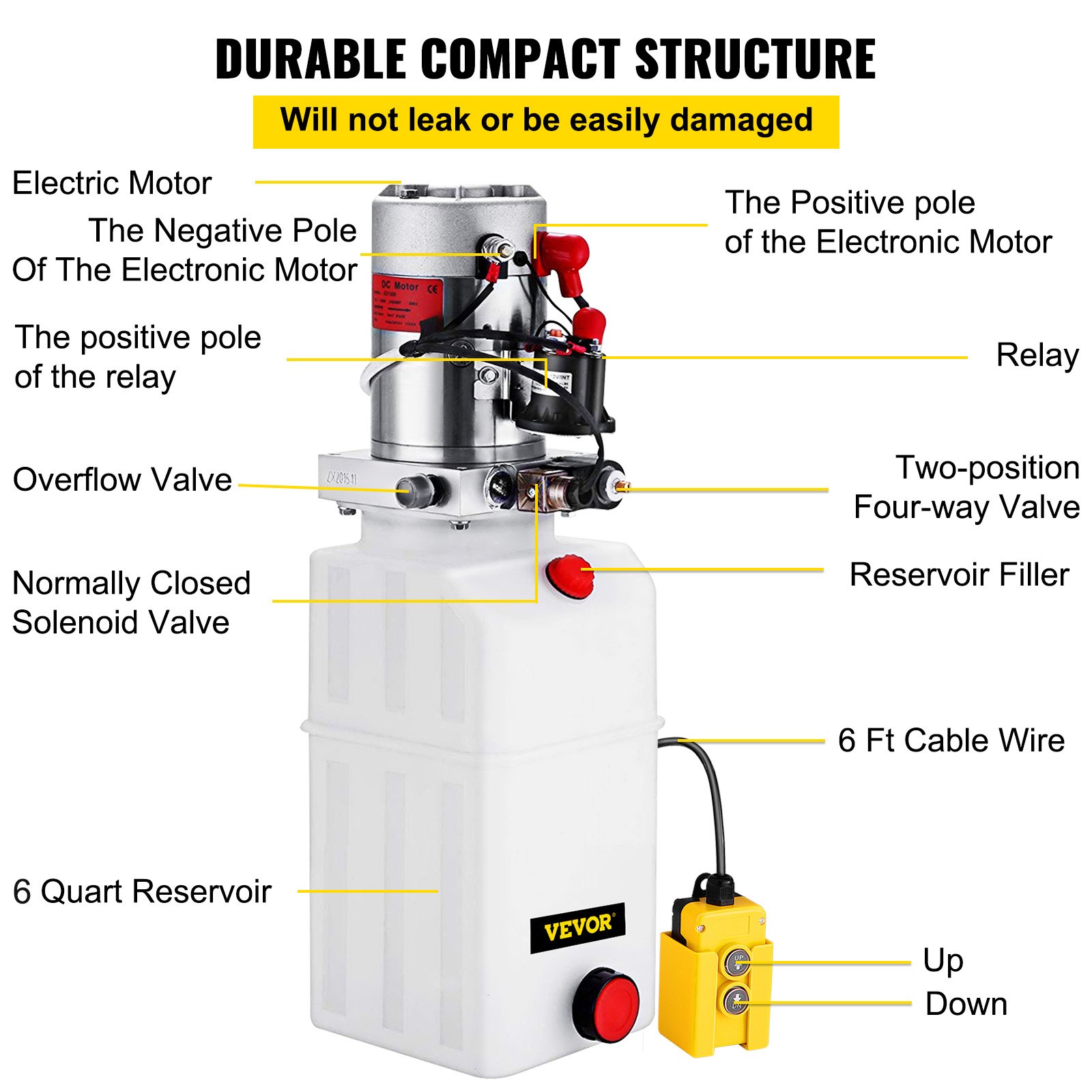 VEVOR 6 Quart Hydraulic Power Unit Single Acting Hydraulic Pump Dump Trailer 12V DC with 6L Metal Reservoir Hydraulic Power Pack for Car Lifting