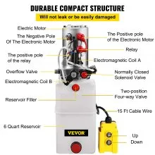 VEVOR Hydraulic Power Unit 6 Quart Hydraulic Pump Double Acting DC12V Hydraulic Power Pack for Dump Truck Dump Trailer SAE6 Port with Plastic Reservoir