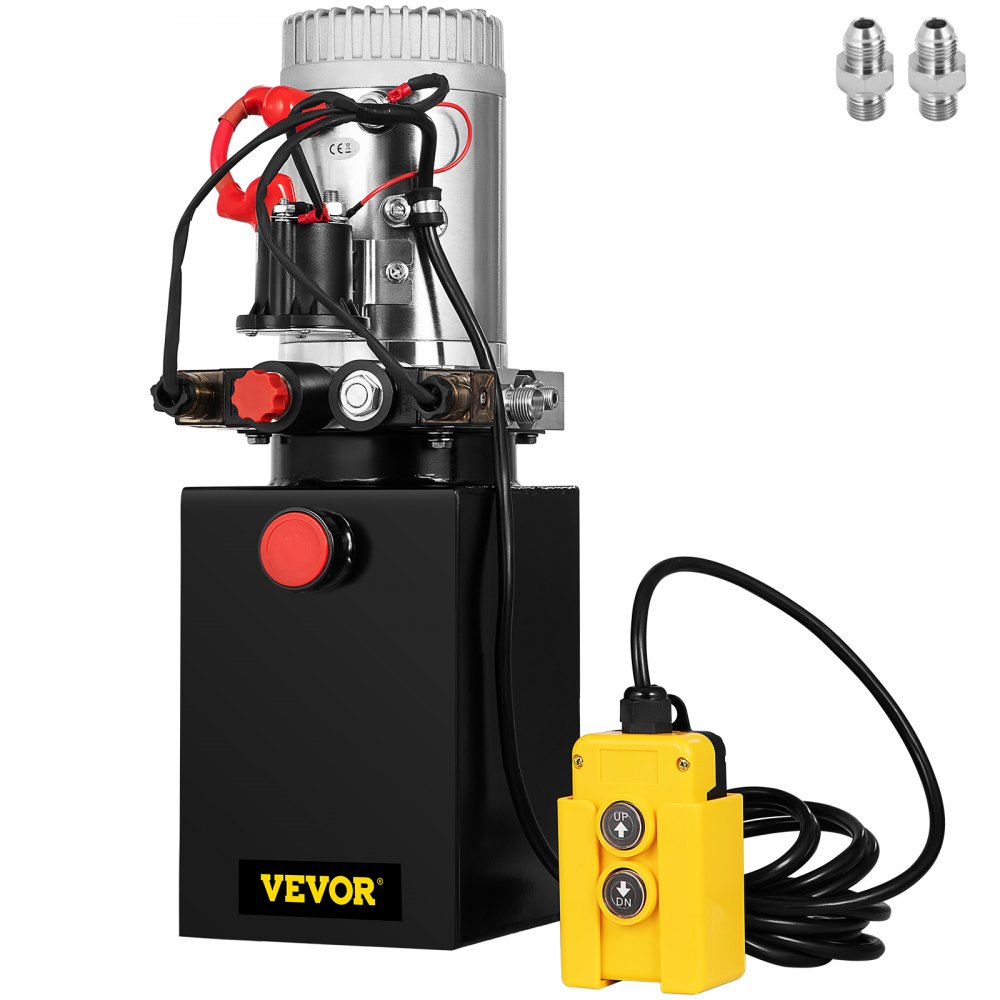 VEVOR Pompe hydraulique 6 litres Unité de puissance hydraulique 12 V DC Pompe hydraulique Remorque à benne basculante Pompe hydraulique à double effet (acier, 6 litres/double effet)
