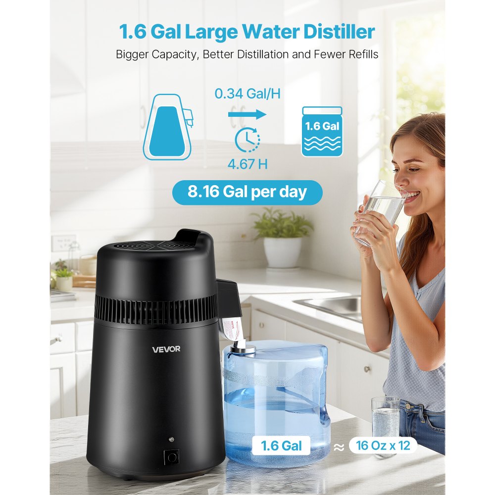 VEVOR Water Distiller, 6L 1.6 Gallon Larger Pure Water Purifier Filter For Home Table Countertop, 900W Plastic Distilled Maker, Stainless Steel Interior Drinking Machine to Make Clean Waters, Black