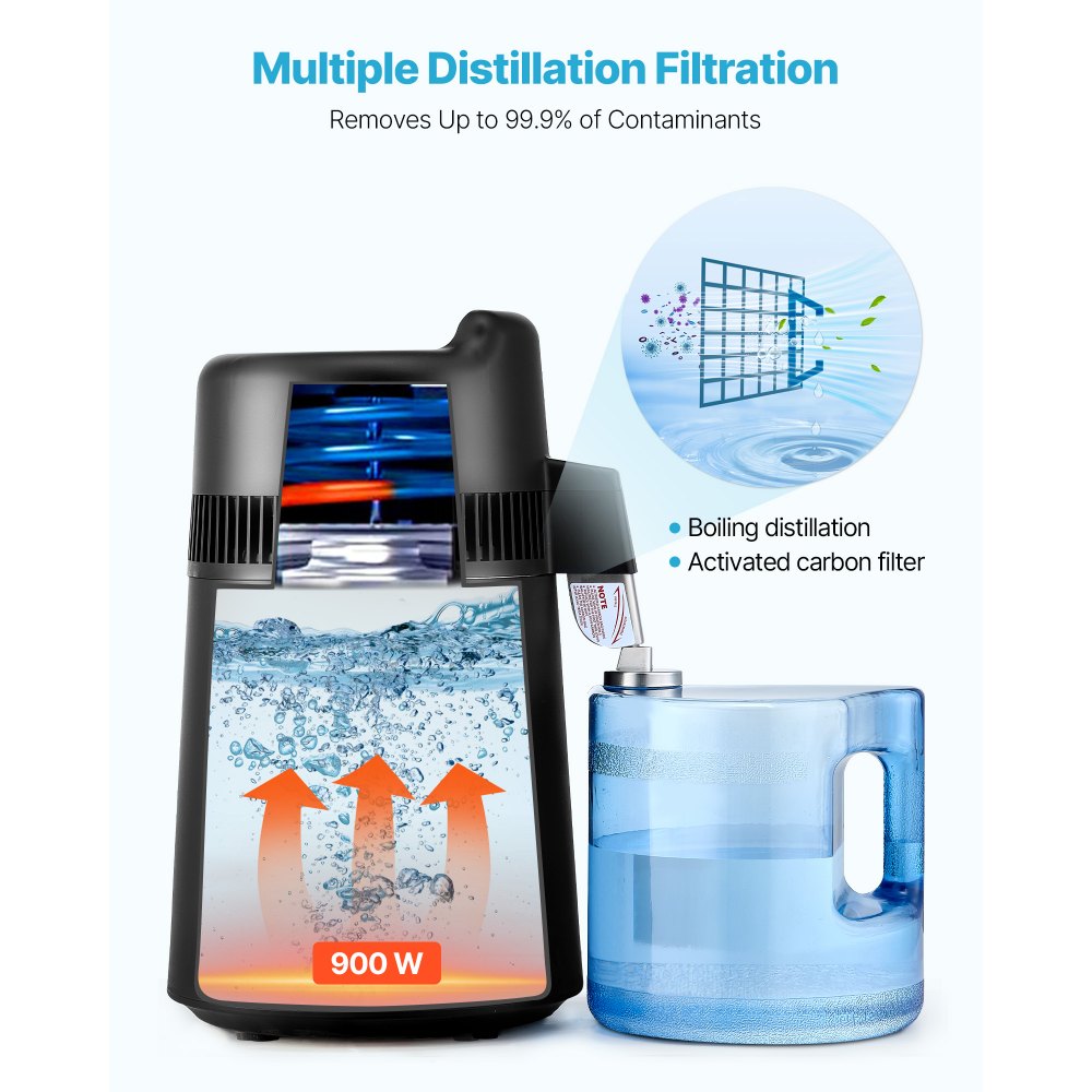 VEVOR Water Distiller, 6L 1.6 Gallon Larger Pure Water Purifier Filter For Home Table Countertop, 900W Plastic Distilled Maker, Stainless Steel Interior Drinking Machine to Make Clean Waters, Black