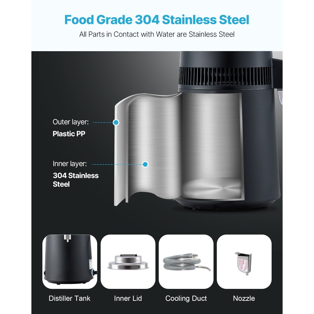 VEVOR Water Distiller, 6L 1.6 Gallon Larger Pure Water Purifier Filter For Home Table Countertop, 900W Plastic Distilled Maker, Stainless Steel Interior Drinking Machine to Make Clean Waters, Black