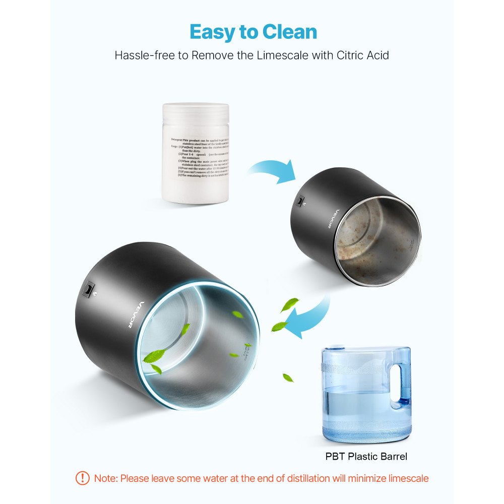 VEVOR Water Distiller, 6L 1.6 Gallon Larger Pure Water Purifier Filter For Home Table Countertop, 900W Plastic Distilled Maker, Stainless Steel Interior Drinking Machine to Make Clean Waters, Black