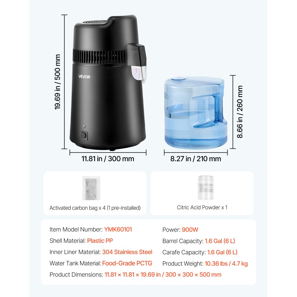 VEVOR Water Distiller, 6L 1.6 Gallon Larger Pure Water Purifier Filter For Home Table Countertop, 900W Plastic Distilled Maker, Stainless Steel Interior Drinking Machine to Make Clean Waters, Black