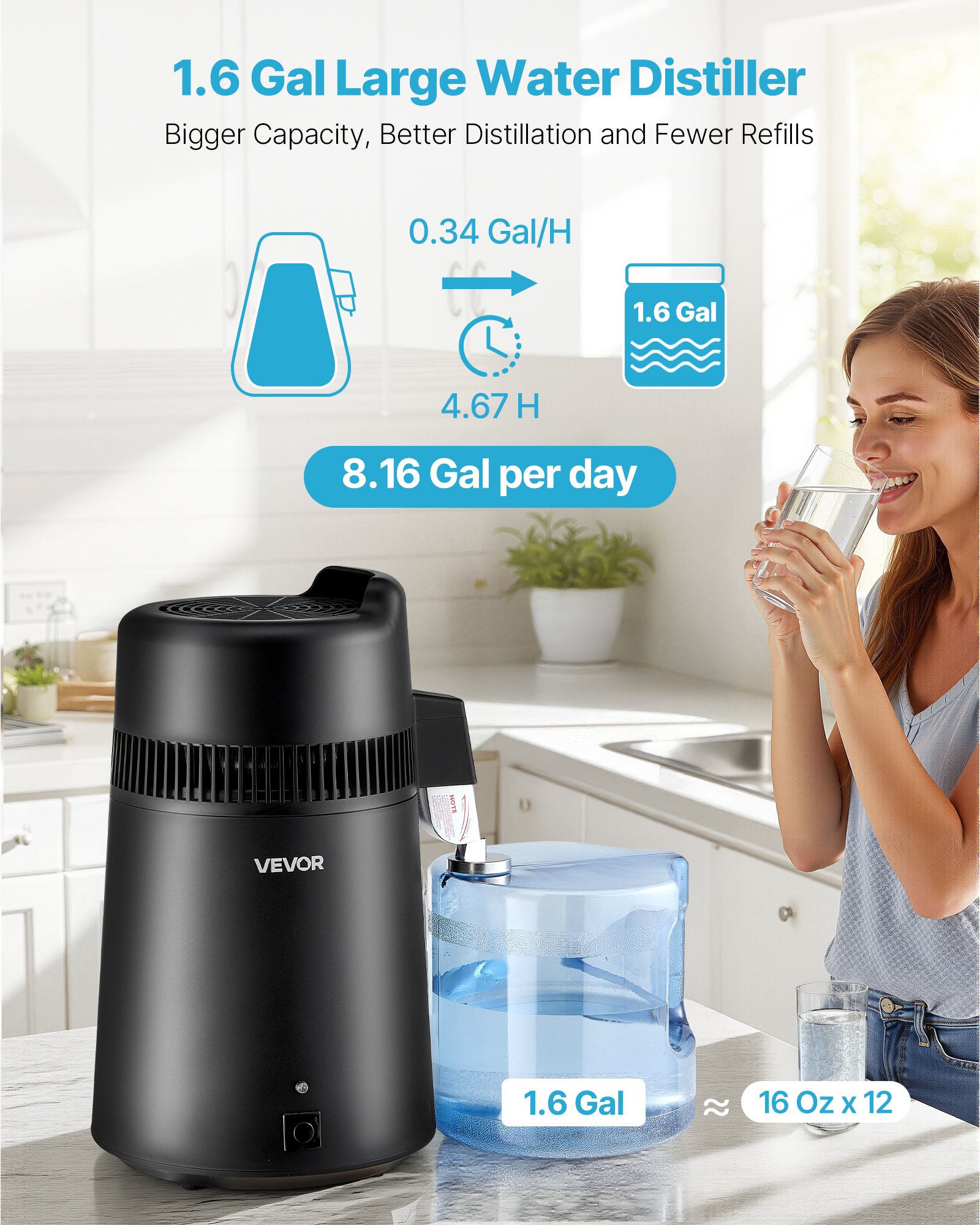 VEVOR Water Distiller, 6L 1.6 Gallon Larger Pure Water Purifier Filter For Home Table Countertop, 900W Plastic Distilled Maker, Stainless Steel Interior Drinking Machine to Make Clean Waters, Black
