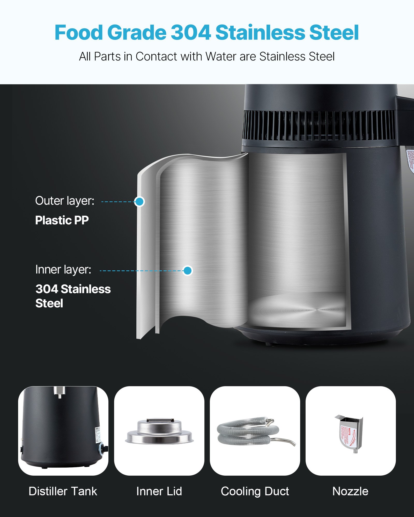 VEVOR Water Distiller, 6L 1.6 Gallon Larger Pure Water Purifier Filter For Home Table Countertop, 900W Plastic Distilled Maker, Stainless Steel Interior Drinking Machine to Make Clean Waters, Black