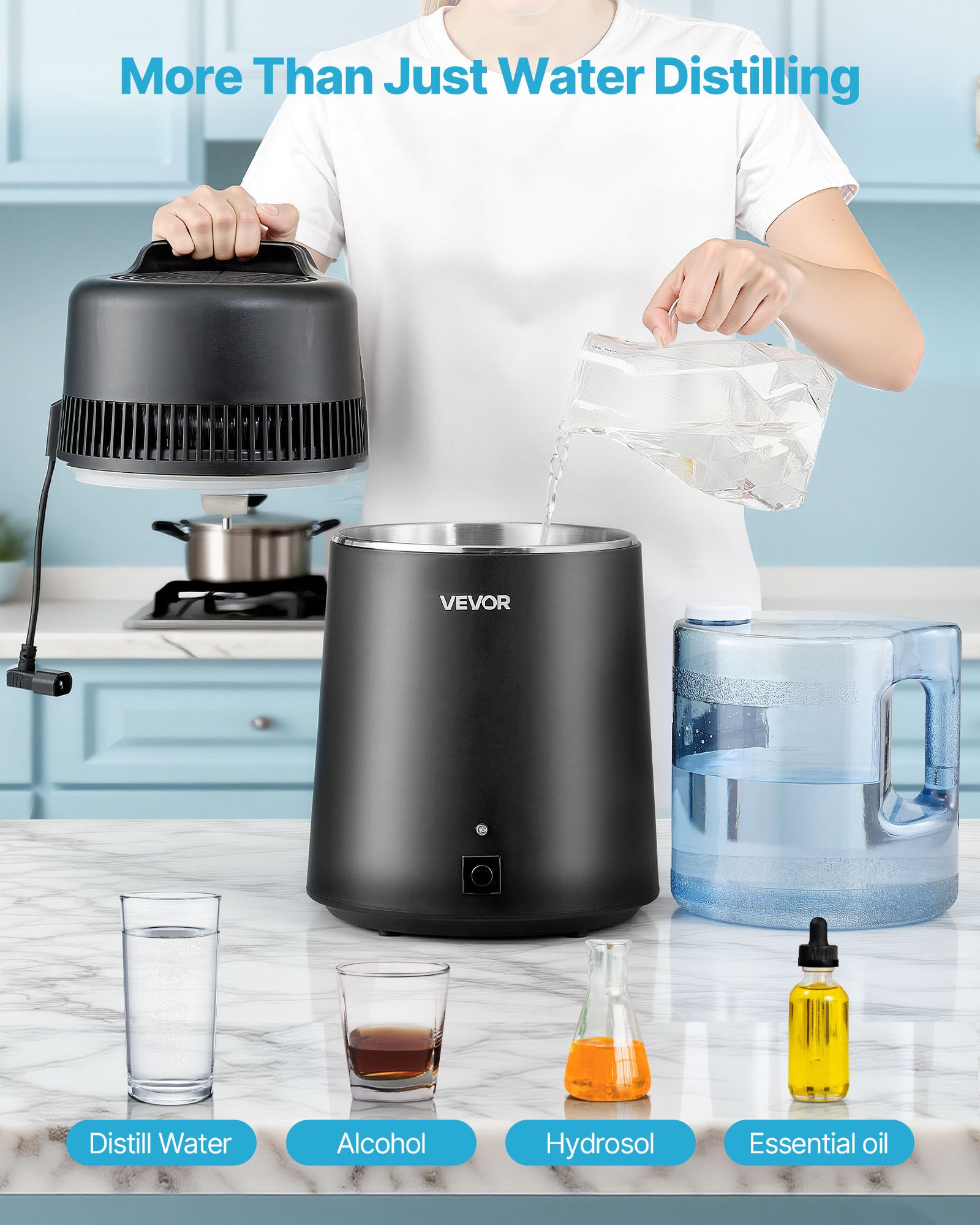 VEVOR Water Distiller, 6L 1.6 Gallon Larger Pure Water Purifier Filter For Home Table Countertop, 900W Plastic Distilled Maker, Stainless Steel Interior Drinking Machine to Make Clean Waters, Black