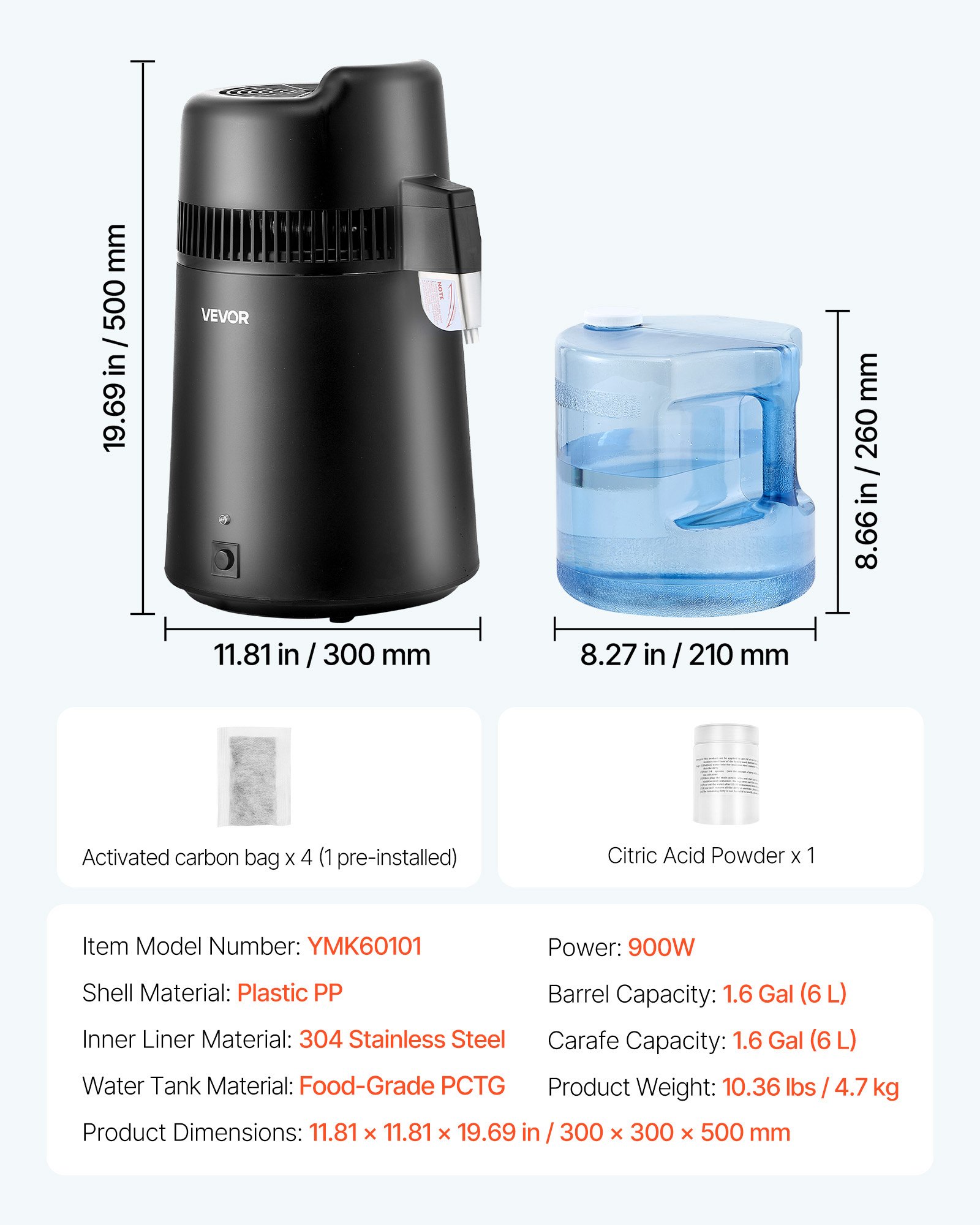 VEVOR Water Distiller, 6L 1.6 Gallon Larger Pure Water Purifier Filter For Home Table Countertop, 900W Plastic Distilled Maker, Stainless Steel Interior Drinking Machine to Make Clean Waters, Black