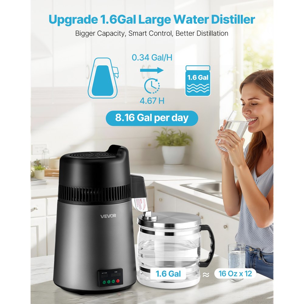 VEVOR Water Distiller, 6L 1.6 Gallon Larger Pure Water Purifier Filter For Home Table Countertop, 900W Glass Pot Distilled Maker, Stainless Steel Interior Drinking Machine to Make Clean Waters