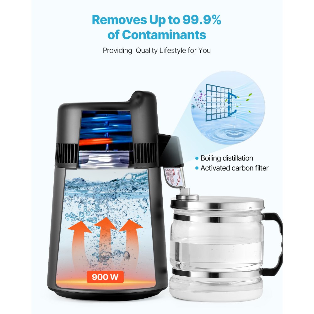 VEVOR Water Distiller, 6L 1.6 Gallon Larger Pure Water Purifier Filter For Home Table Countertop, 900W Glass Pot Distilled Maker, Stainless Steel Interior Drinking Machine to Make Clean Waters