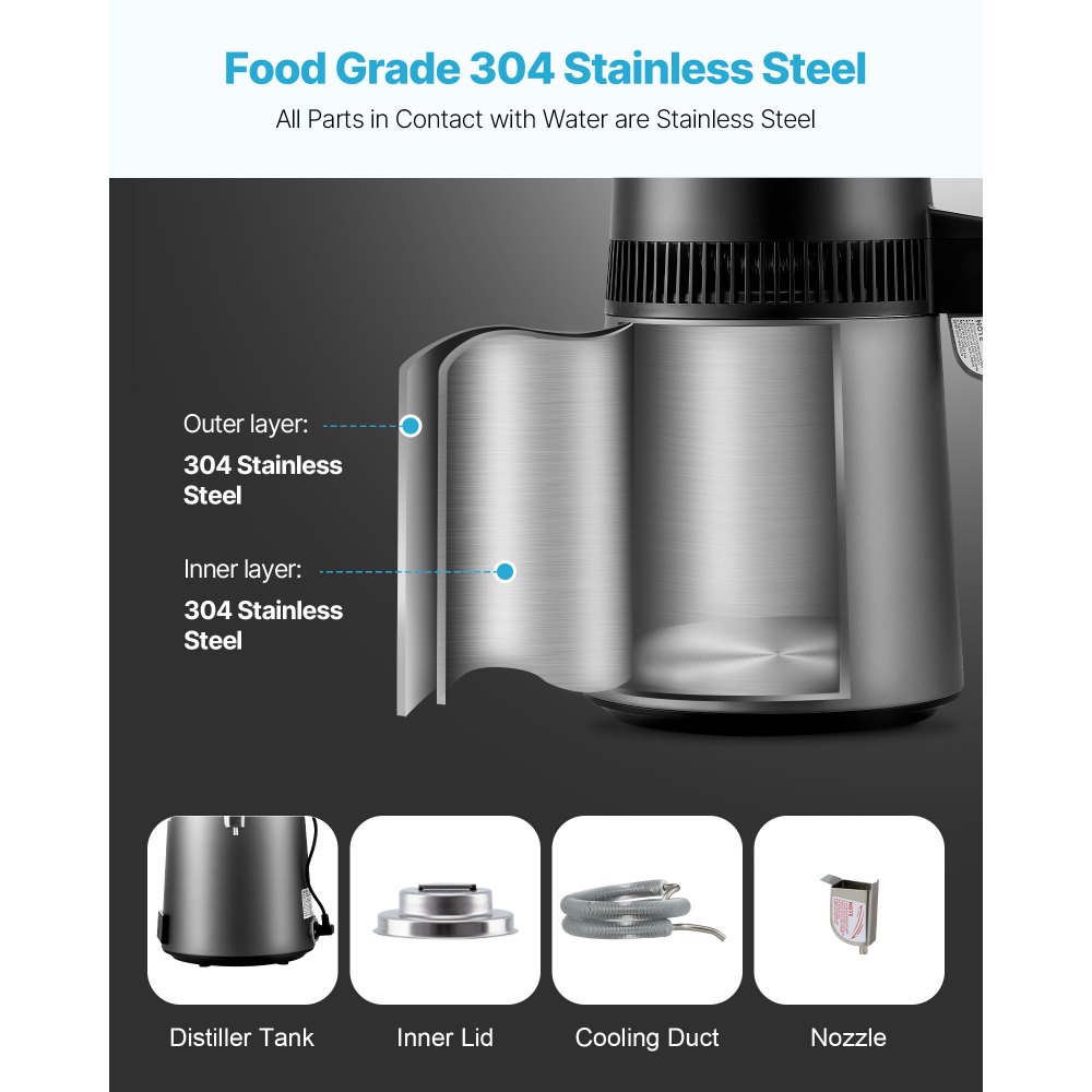 VEVOR Water Distiller, 6L 1.6 Gallon Larger Pure Water Purifier Filter For Home Table Countertop, 900W Glass Pot Distilled Maker, Stainless Steel Interior Drinking Machine to Make Clean Waters