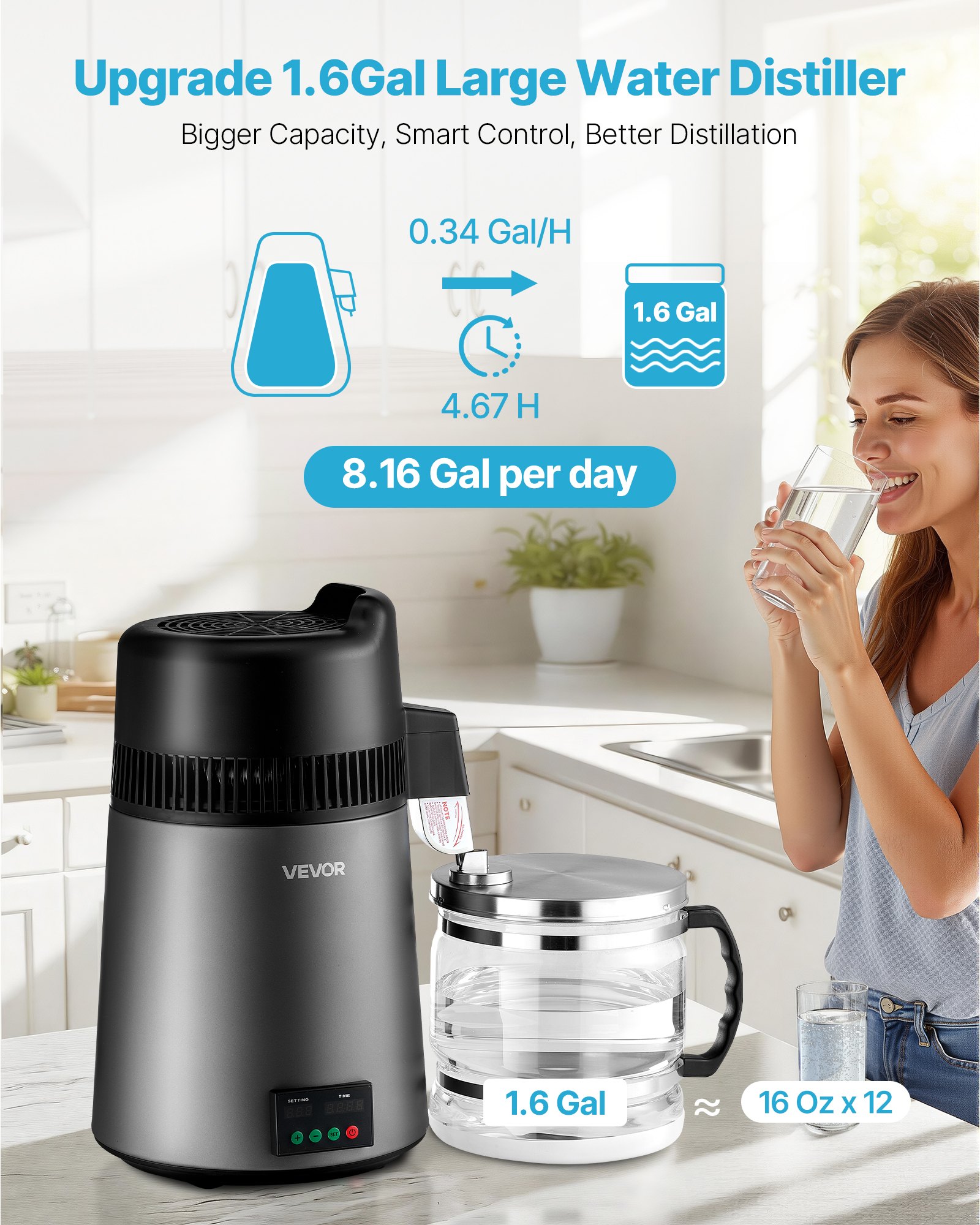 VEVOR Water Distiller, 6L 1.6 Gallon Larger Pure Water Purifier Filter For Home Table Countertop, 900W Glass Pot Distilled Maker, Stainless Steel Interior Drinking Machine to Make Clean Waters