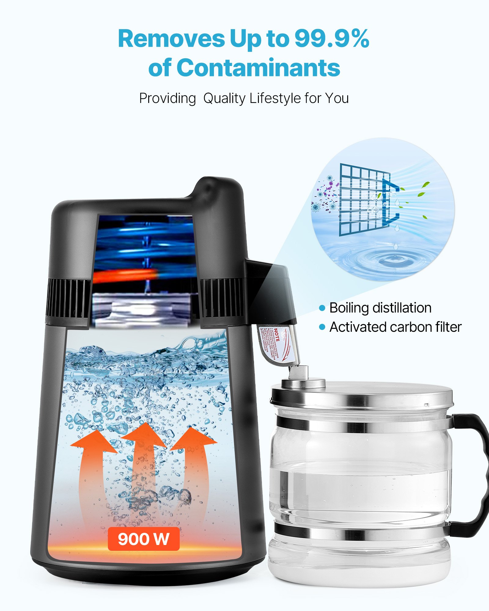 VEVOR Water Distiller, 6L 1.6 Gallon Larger Pure Water Purifier Filter For Home Table Countertop, 900W Glass Pot Distilled Maker, Stainless Steel Interior Drinking Machine to Make Clean Waters