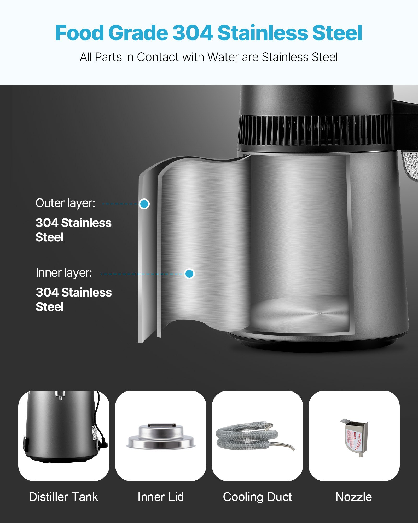 VEVOR Water Distiller, 6L 1.6 Gallon Larger Pure Water Purifier Filter For Home Table Countertop, 900W Glass Pot Distilled Maker, Stainless Steel Interior Drinking Machine to Make Clean Waters