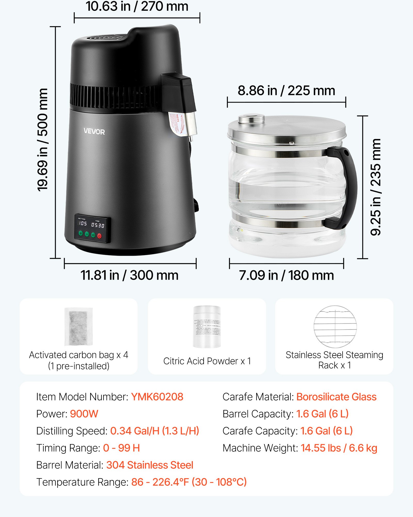 VEVOR Water Distiller, 6L 1.6 Gallon Larger Pure Water Purifier Filter For Home Table Countertop, 900W Glass Pot Distilled Maker, Stainless Steel Interior Drinking Machine to Make Clean Waters
