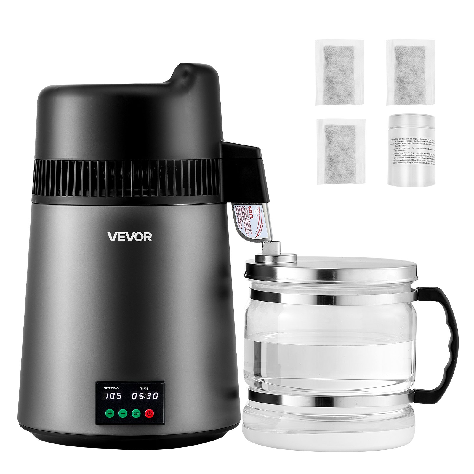 VEVOR Water Distiller, 6L 1.6 Gallon Larger Pure Water Purifier Filter For Home Table Countertop, 900W Glass Pot Distilled Maker, Stainless Steel Interior Drinking Machine to Make Clean Waters