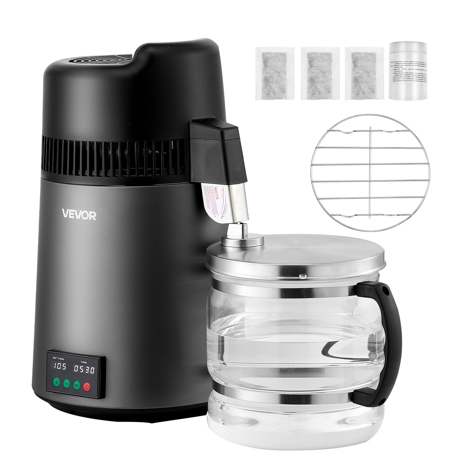 VEVOR Water Distiller, 6L 1.6 Gallon Larger Pure Water Purifier Filter For Home Table Countertop, 900W Glass Pot Distilled Maker, Stainless Steel Interior Drinking Machine to Make Clean Waters