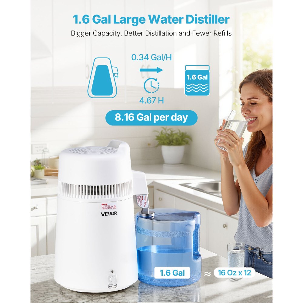 VEVOR Water Distiller, 6L 1.6 Gallon Larger Pure Water Purifier Filter For Home Table Countertop, 900W Plastic Distilled Maker, Stainless Steel Interior Drinking Machine to Make Clean Waters, White