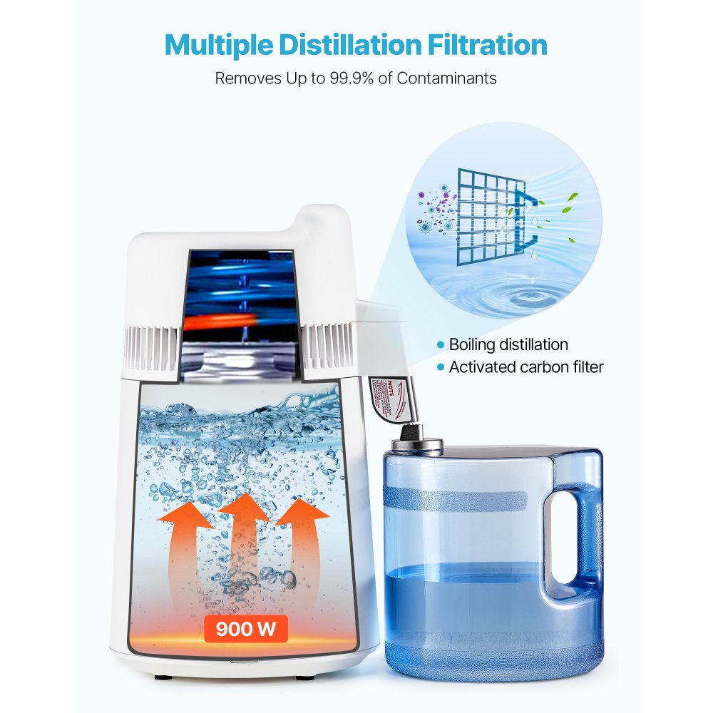VEVOR Water Distiller, 6L 1.6 Gallon Larger Pure Water Purifier Filter For Home Table Countertop, 900W Plastic Distilled Maker, Stainless Steel Interior Drinking Machine to Make Clean Waters, White
