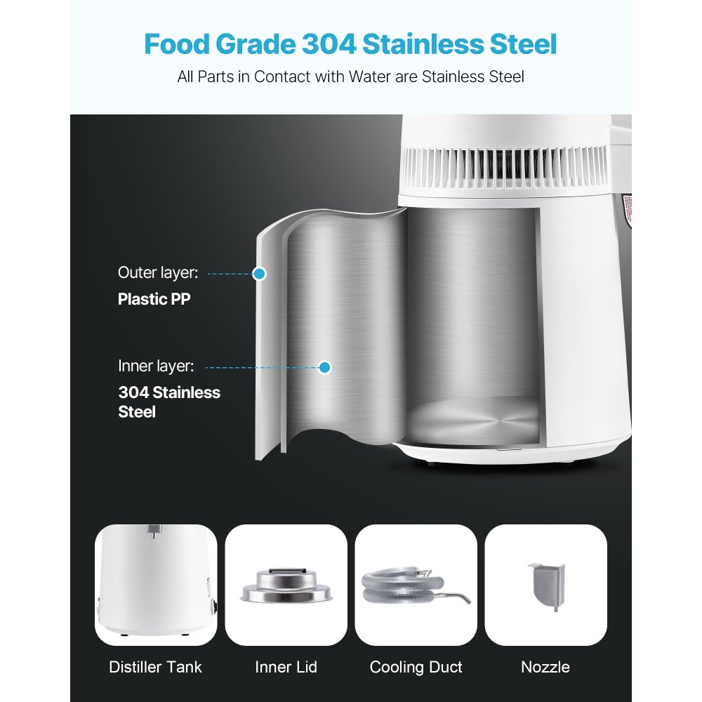 VEVOR Water Distiller, 6L 1.6 Gallon Larger Pure Water Purifier Filter For Home Table Countertop, 900W Plastic Distilled Maker, Stainless Steel Interior Drinking Machine to Make Clean Waters, White
