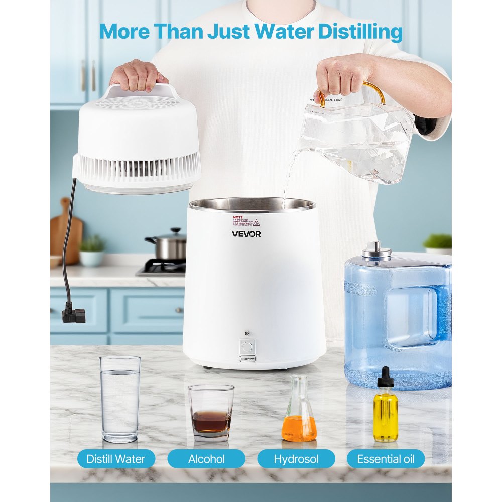 VEVOR Water Distiller, 6L 1.6 Gallon Larger Pure Water Purifier Filter For Home Table Countertop, 900W Plastic Distilled Maker, Stainless Steel Interior Drinking Machine to Make Clean Waters, White