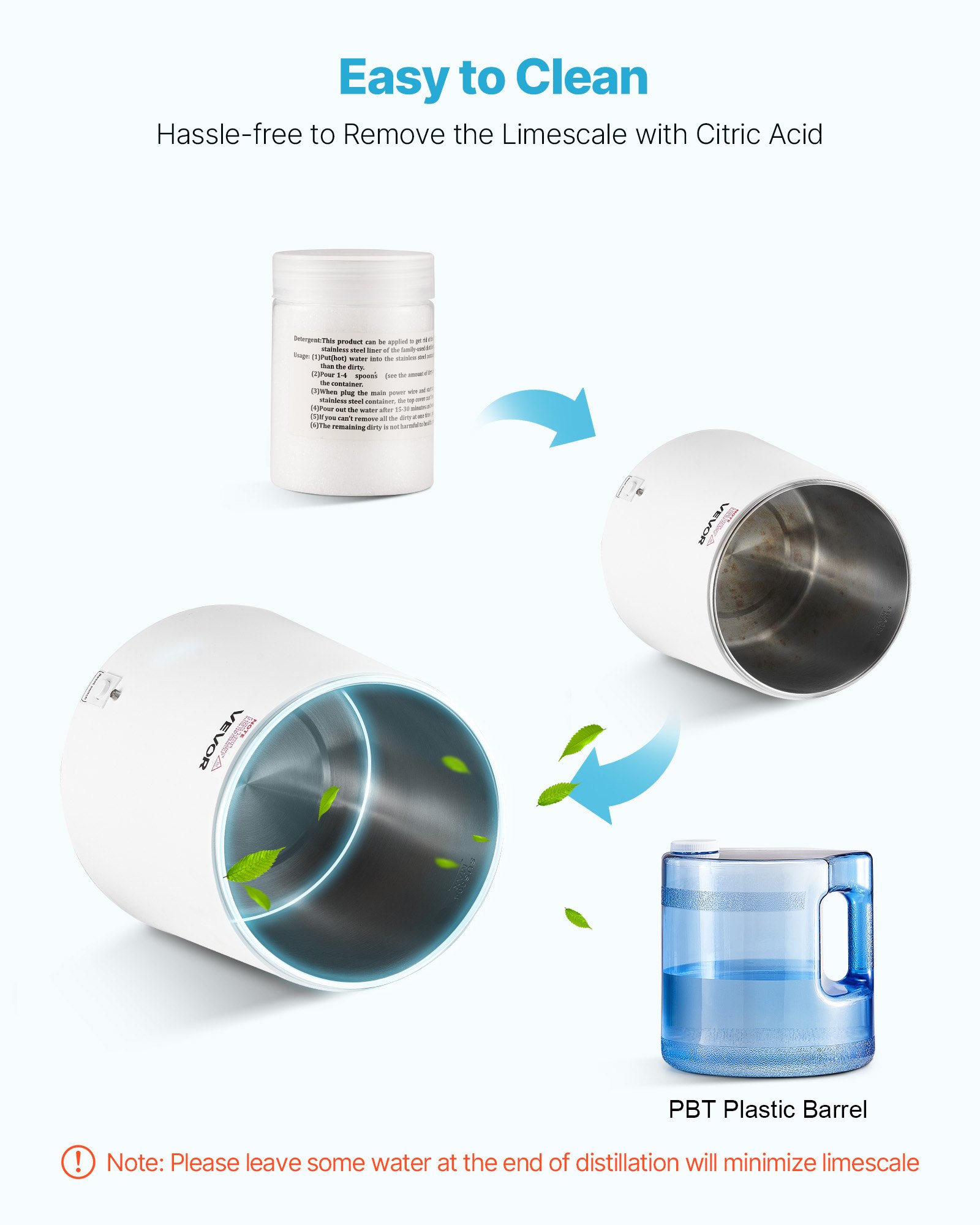 VEVOR Water Distiller, 6L 1.6 Gallon Larger Pure Water Purifier Filter For Home Table Countertop, 900W Plastic Distilled Maker, Stainless Steel Interior Drinking Machine to Make Clean Waters, White