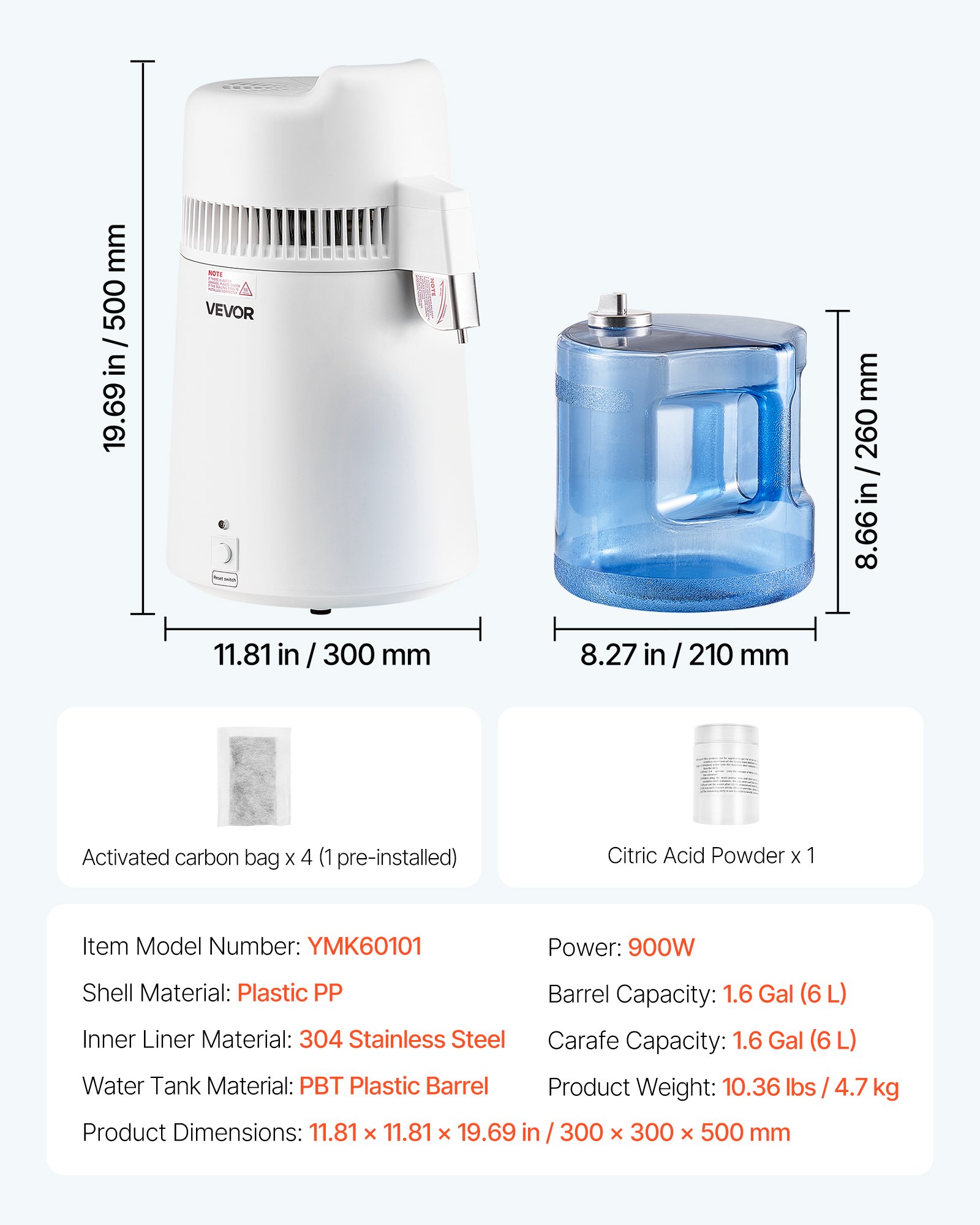 VEVOR Water Distiller, 6L 1.6 Gallon Larger Pure Water Purifier Filter For Home Table Countertop, 900W Plastic Distilled Maker, Stainless Steel Interior Drinking Machine to Make Clean Waters, White