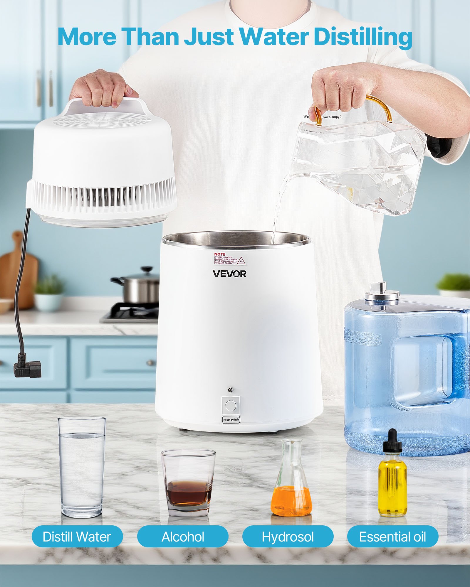 VEVOR Water Distiller, 6L 1.6 Gallon Larger Pure Water Purifier Filter For Home Table Countertop, 900W Plastic Distilled Maker, Stainless Steel Interior Drinking Machine to Make Clean Waters, White