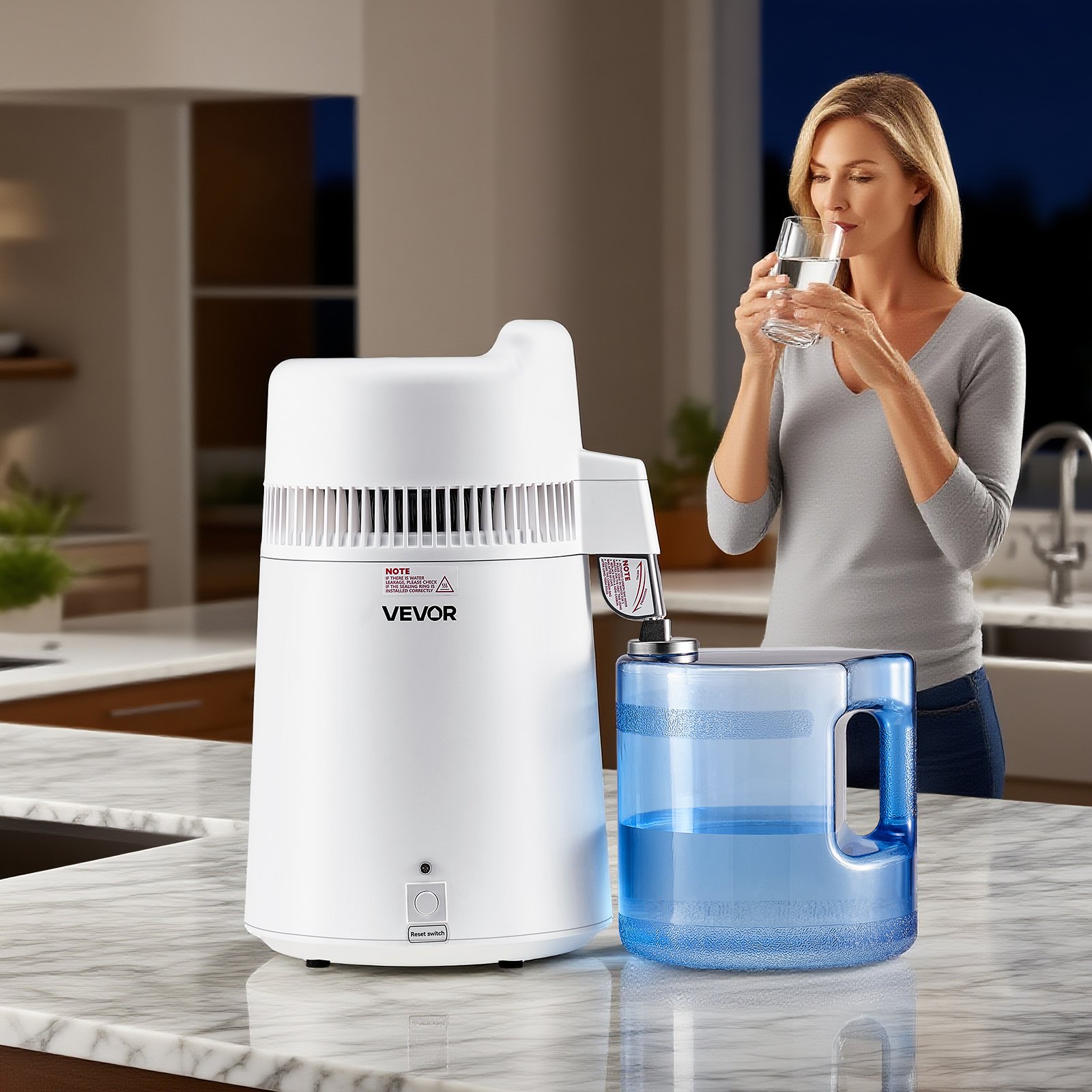 VEVOR Water Distiller, 6L 1.6 Gallon Larger Pure Water Purifier Filter For Home Table Countertop, 900W Plastic Distilled Maker, Stainless Steel Interior Drinking Machine to Make Clean Waters, White