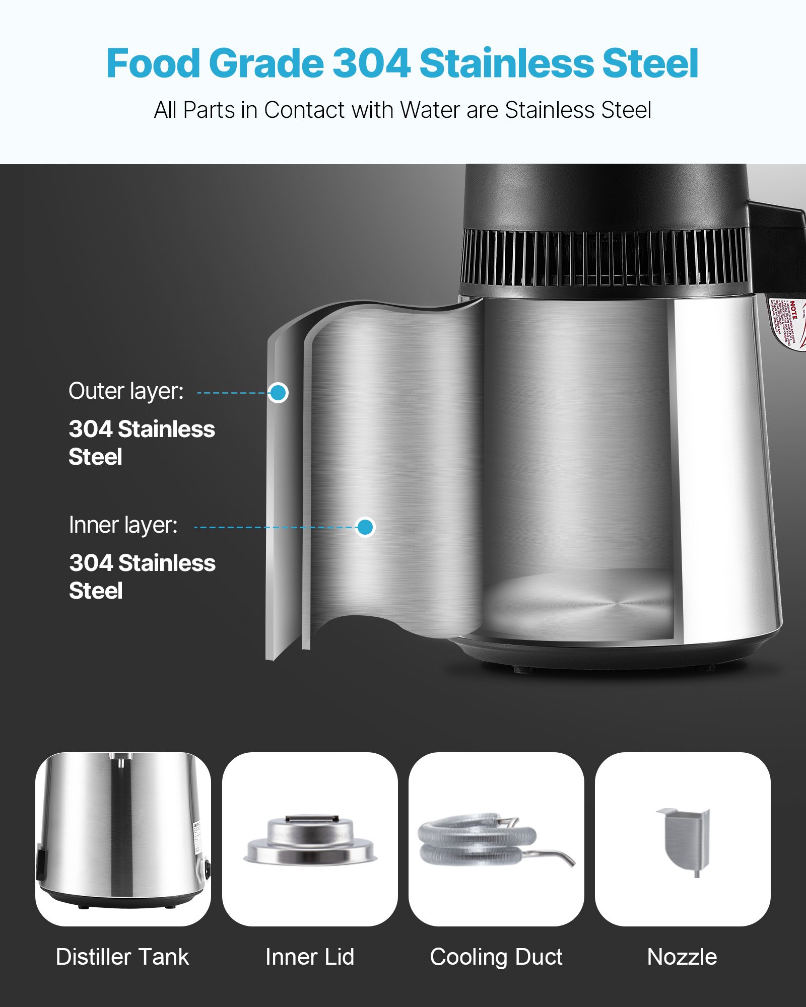 VEVOR Water Distiller, 6L 1.6 Gallon Larger Pure Water Purifier Filter For Home Table Countertop, 900W Glass Pot Distilled Maker, Stainless Steel Interior Drinking Machine to Make Clean Waters, Silver