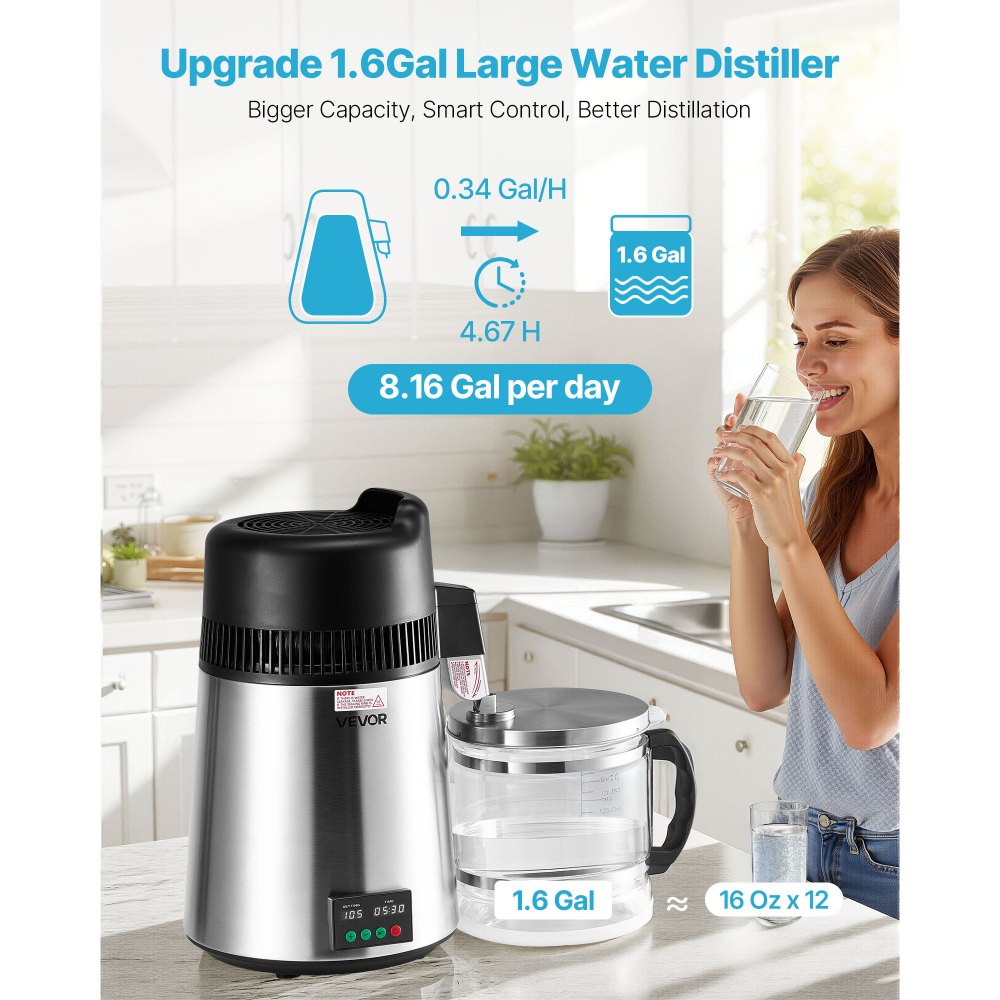 VEVOR Water Distiller, 6L 1.6 Gallon Larger Pure Water Purifier Filter For Home Table Countertop, 900W Glass Pot Distilled Maker, Stainless Steel Interior Drinking Machine to Make Clean Waters, Silver