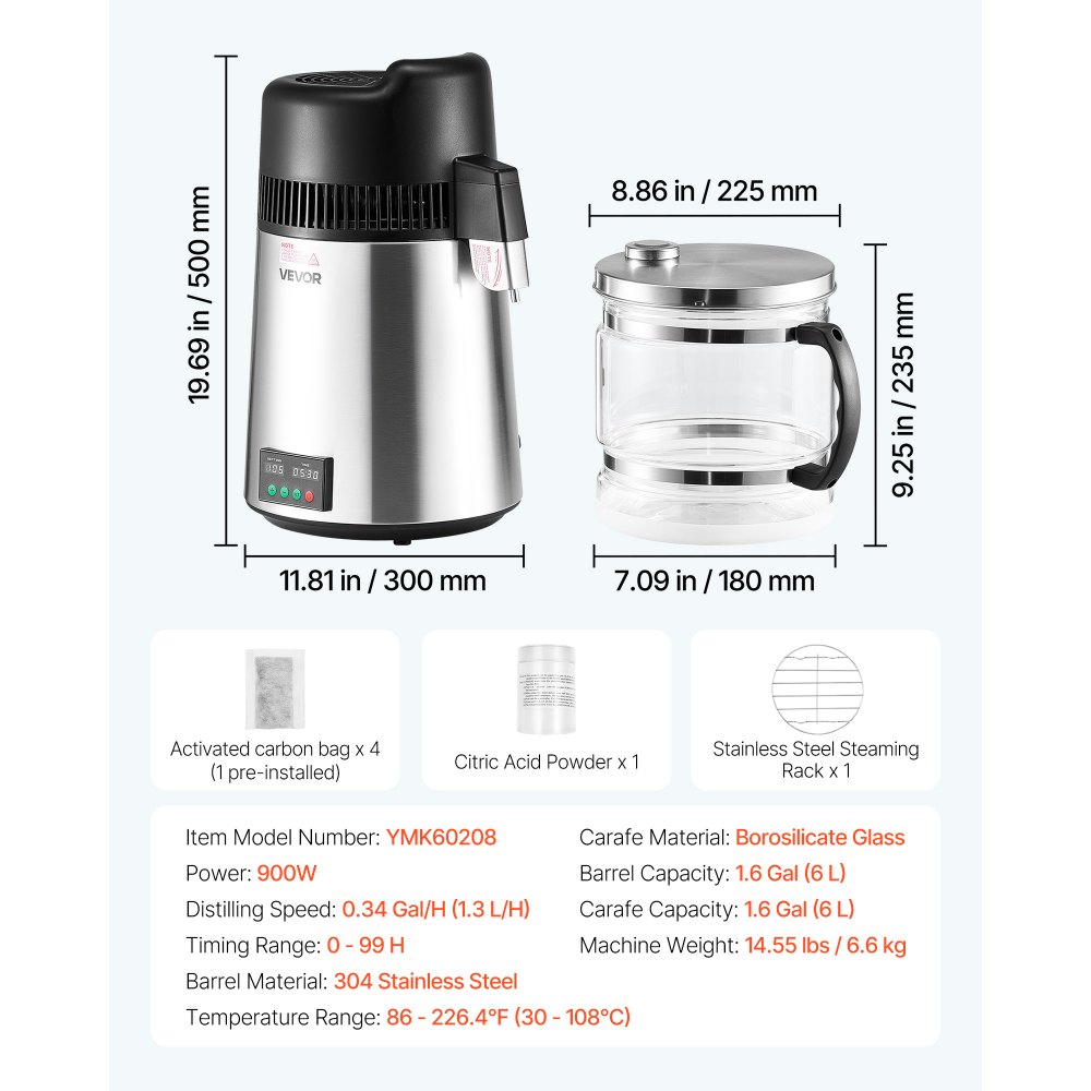 VEVOR Water Distiller, 6L 1.6 Gallon Larger Pure Water Purifier Filter For Home Table Countertop, 900W Glass Pot Distilled Maker, Stainless Steel Interior Drinking Machine to Make Clean Waters, Silver