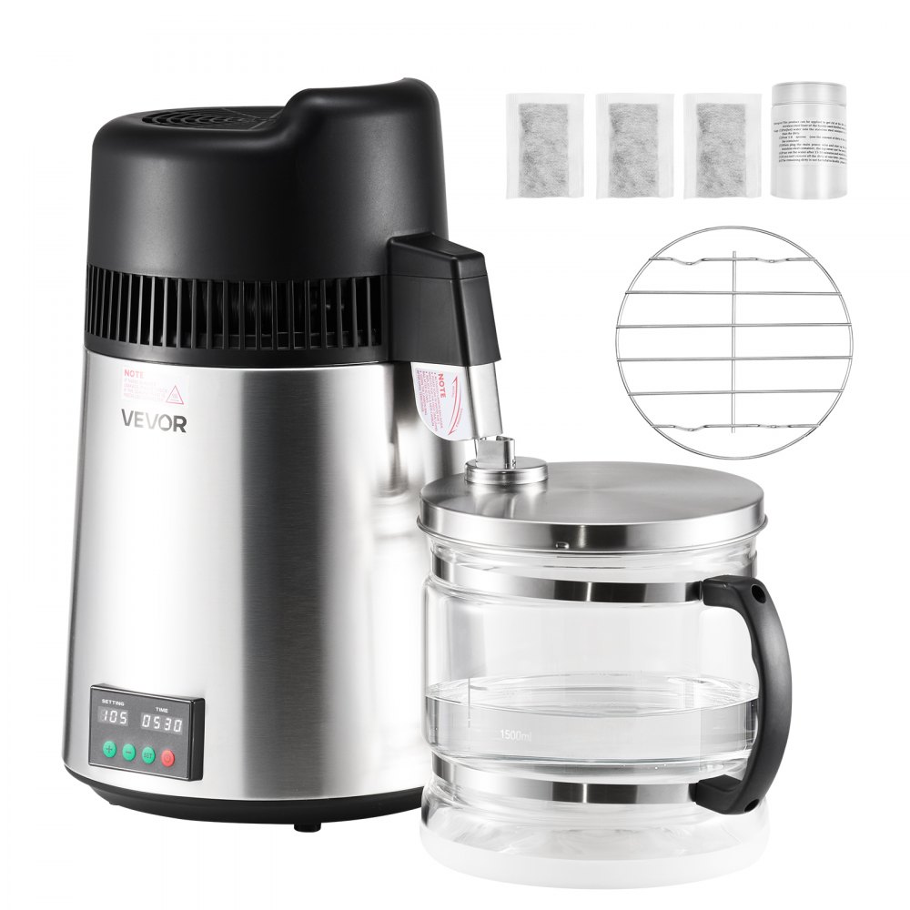 VEVOR Water Distiller, 6L 1.6 Gallon Larger Pure Water Purifier Filter For Home Table Countertop, 900W Glass Pot Distilled Maker, Stainless Steel Interior Drinking Machine to Make Clean Waters, Silver