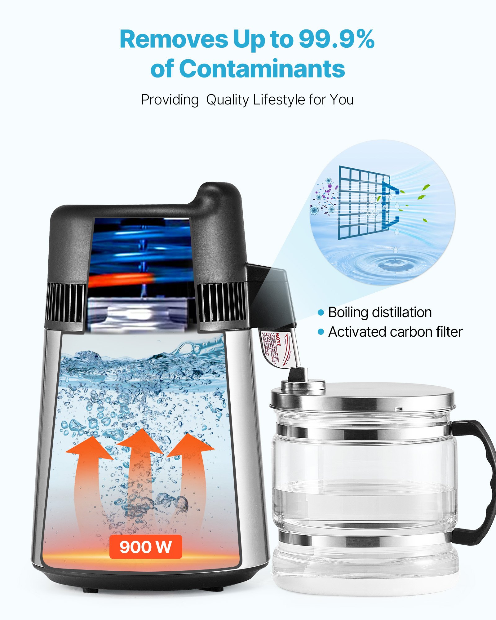 VEVOR Water Distiller, 6L 1.6 Gallon Larger Pure Water Purifier Filter For Home Table Countertop, 900W Glass Pot Distilled Maker, Stainless Steel Interior Drinking Machine to Make Clean Waters, Silver