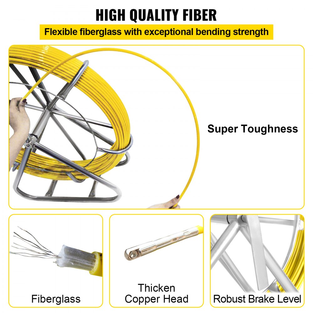 Cable de alambre de fibra de vidrio, cinta de pescado de 6mm, conducto de varilla para correr, rodador de cinta de pescado, 130m