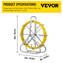 VEVOR Fish Tape Fiberglass 6MM 425FT Duct Rodder Fish Tape Continuous Fiberglass Wire Cable Running with Cage and Wheel Stand (6MM)
