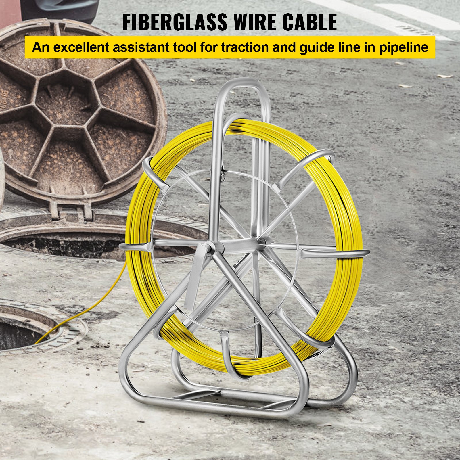 VEVOR Fish Tape Fiberglass 6MM 425FT Duct Rodder Fish Tape Continuous Fiberglass Wire Cable Running with Cage and Wheel Stand (6MM)